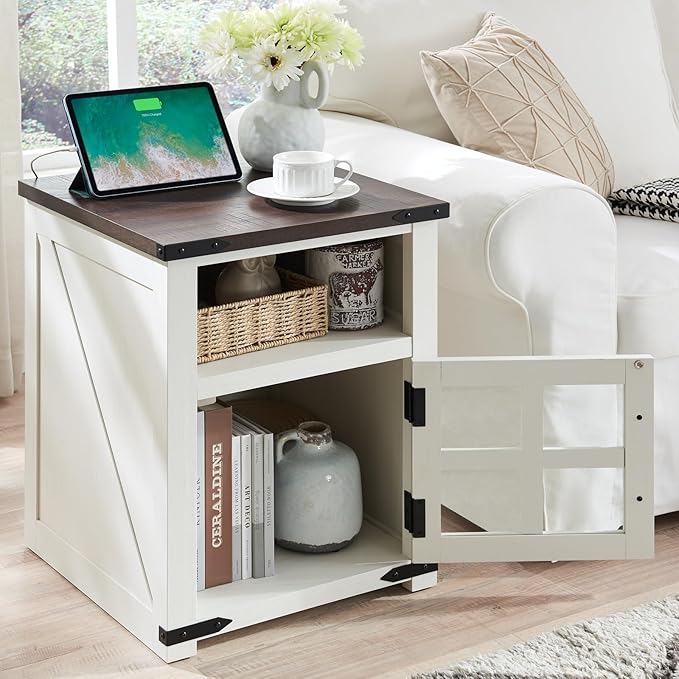 Farmhouse Nightstand with Charging Station, Rustic End Table with Tempered - Image 4