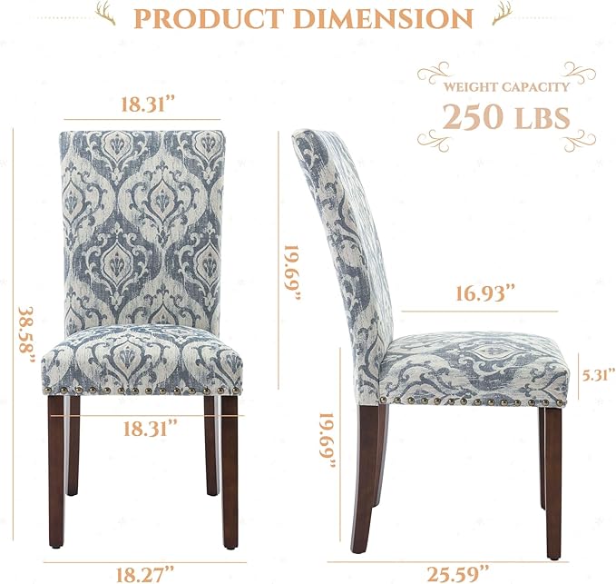 Parsons Dining Chairs Set of 2, Upholstered Nailhead Dining Room Kitchen Side - Image 3