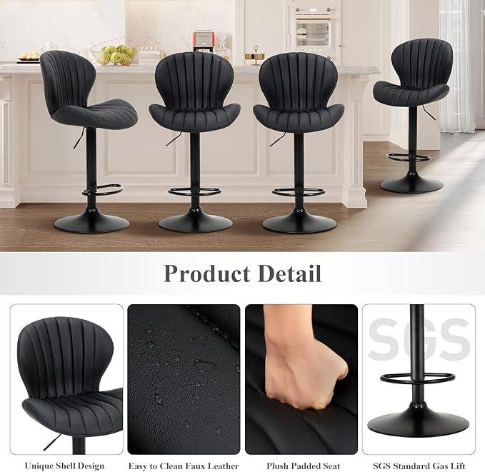 COLAMY Bar Stools Set of 3, Modern Swivel Bar Chairs, Adjustable Faux Leather - Image 5