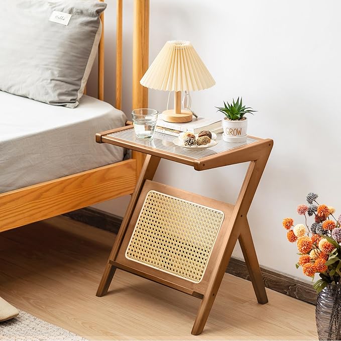 Tiita Rattan Nightstand Side Table, Bamboo Accent Bedside Tables, Glass Coffee - Image 6
