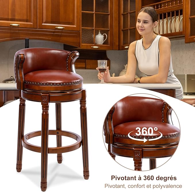 Cow top Leather Wooden Bar Stools, 180 Degrees Swivel Barstools Chair - Image 5