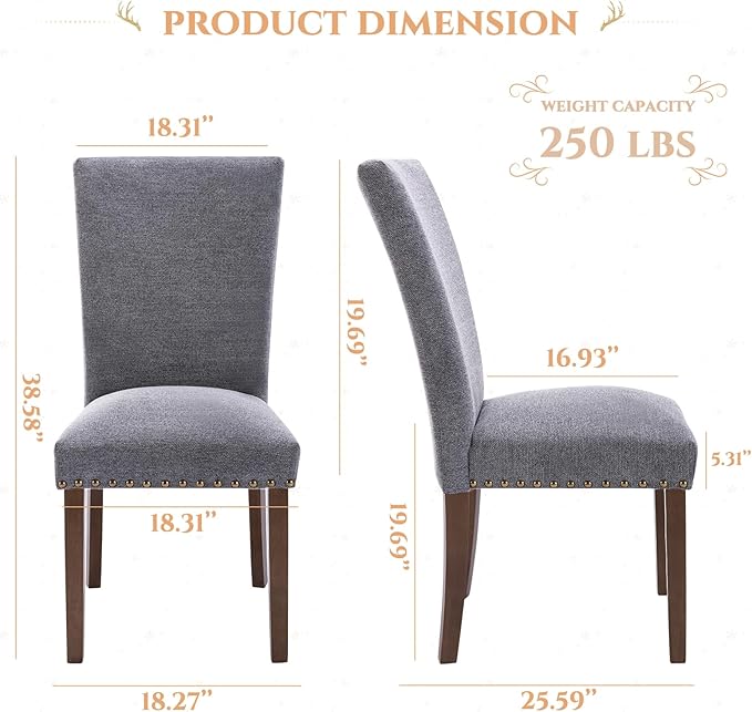 Parsons Dining Chairs Set of 2, Upholstered Nailhead Dining Room Kitchen Side - Image 3