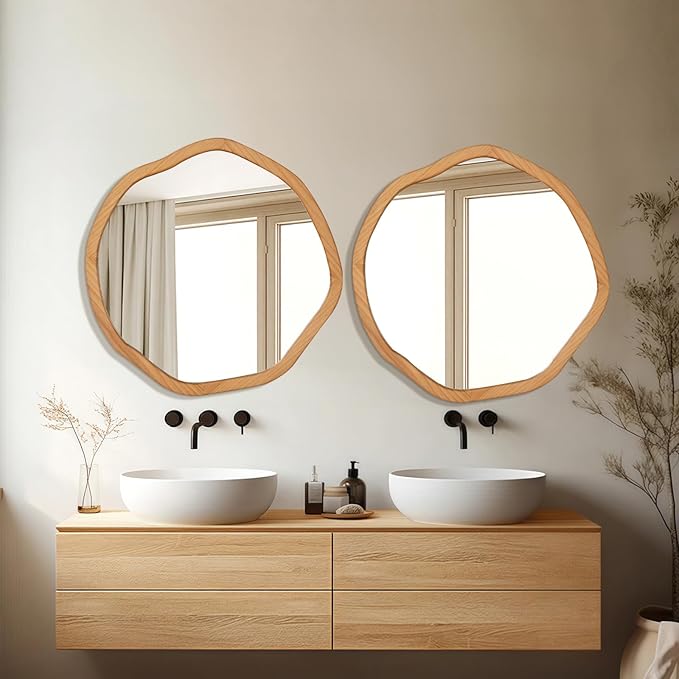 ULIKE Round Wood Mirror, 30 Inch Asymmetrical Circle Vanity Mirror - Image 5