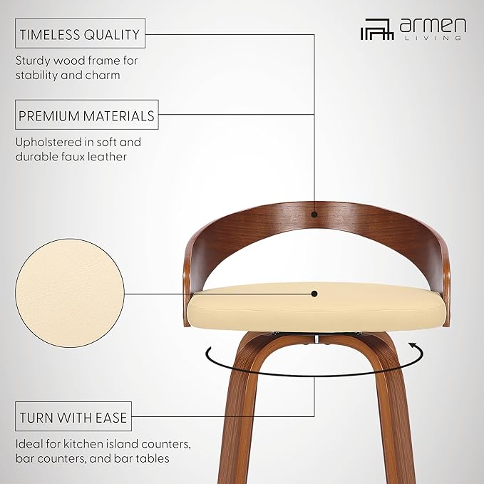 Armen Living Sonia 30" Bar Height Swivel Cream Faux Leather and Walnut Wood Bar - Image 4