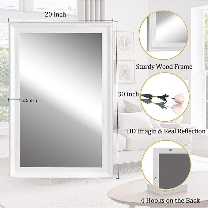 CULER White Wood Wall Mirror for Bathroom, Rectangle 20 x 30 inch Hanging - Image 6
