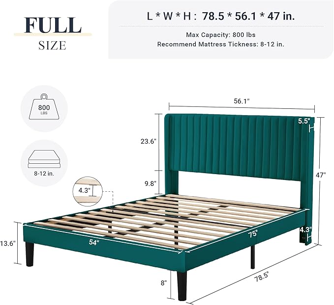 Allewie Full Size Bed Frame/Velvet Upholstered Platform Bed/Vertical Channel - Image 2