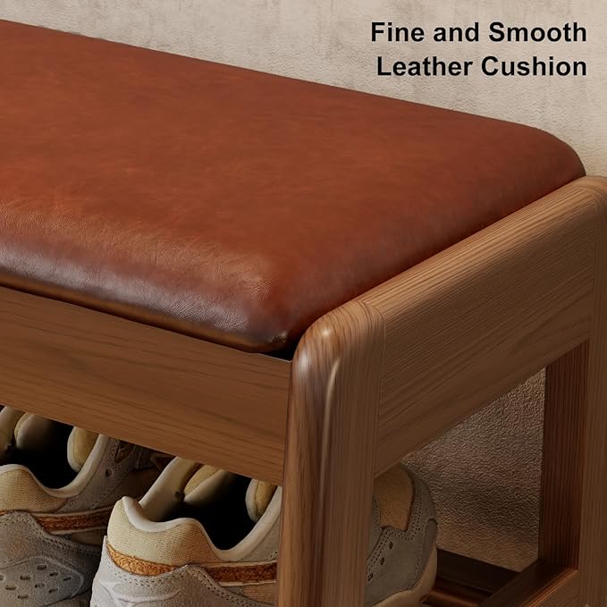 Small Shoe Bench with Leather Cushion, 2 Tiers Shoe Rack Bench with Flip-Top - Image 5
