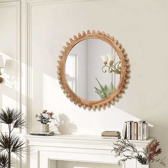 ULIKE Round Wood Mirror, 24 Inch Rustic Farmhouse Circle Mirror - Image 3