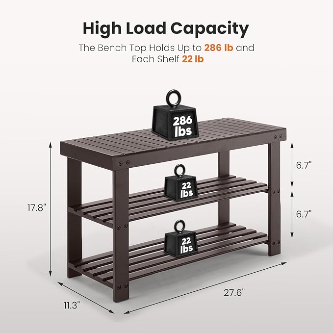 Sweetcrispy Shoe Rack Bench, 3-Tier Bamboo Entryway Storage Organizer, 286lb - Image 3