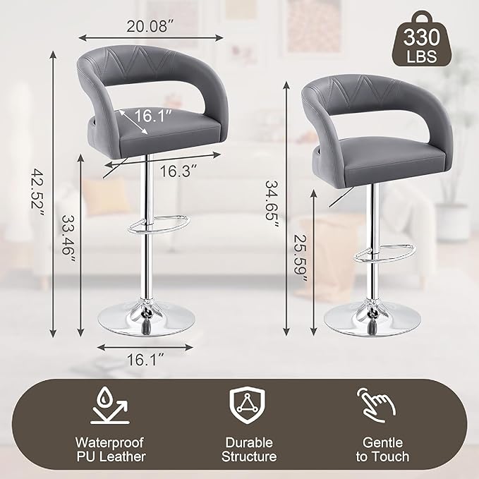 VECELO Bar Stools Set of 4 Adjustable Swivel Modern Pu Leather Barstools - Image 3