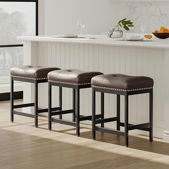 MALOL Set of 3 Saddle Bar Stools Counter Height 24.4”, Modern PU Leather by Unknown