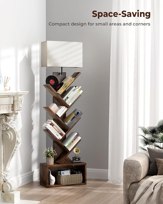 6 Tier Tree Bookshelf with Light, Narrow Bookcase Tower, Tall Floor Standing - Image 6