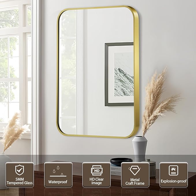 Matte Gold Mirror, 20x30 Inch Brushed Gold Mirror, Aluminum Alloy Framed Vanity - Image 2