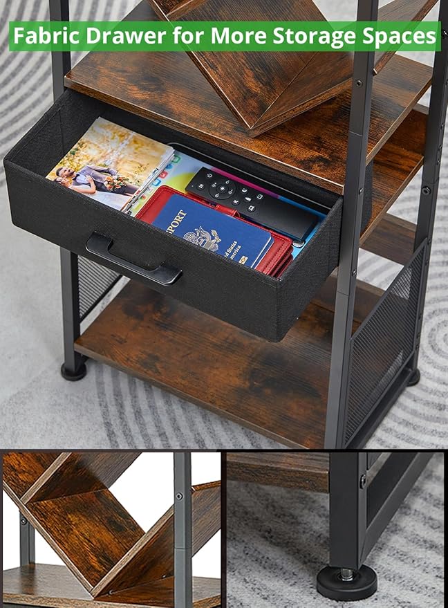 Bookshelf with Drawer, 10 Tier Tree Bookcase Retro Floor Standing Bookshelves - Image 5