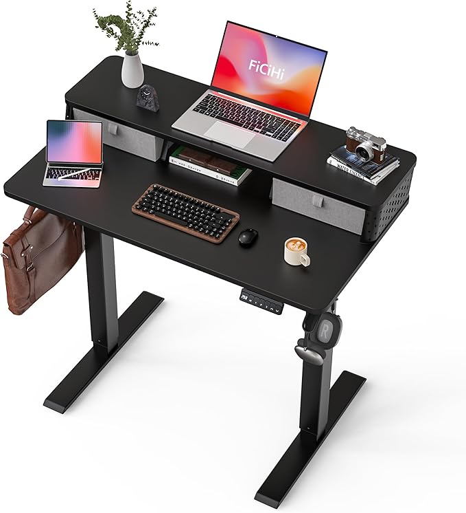 35x20 Inch Standing Desk with Double Drawers, C-Clamp Mount Compatible by FiCiHi