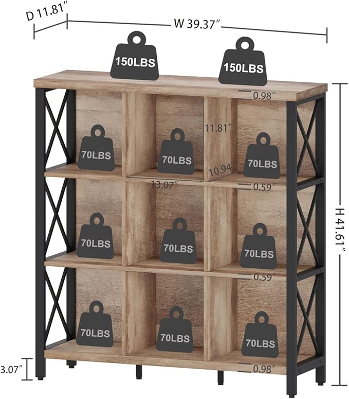FATORRI 9 Cube Storage Bookshelf, 4 Shelf Book Shelf, Farmhouse Wood and Metal - Image 2