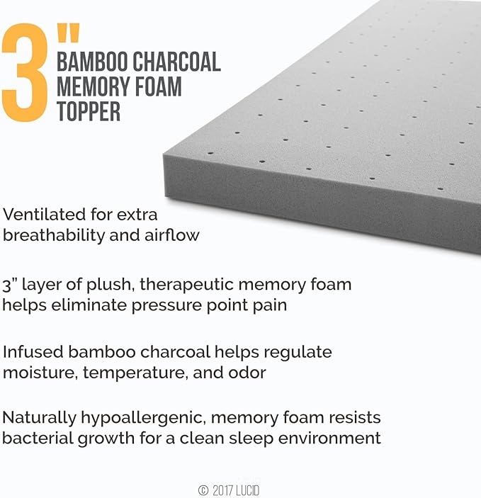 Lucid 3 Inch Bamboo Infused Memory Foam Mattress Topper - Image 2