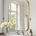 Brushed Gold Mirror, Metal Frame Rectangle Corner Vanity Mirror, Wall Mounted by JENBELY