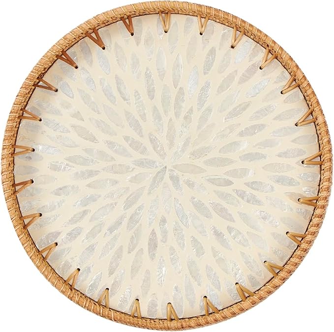 Round Rattan Tray with Mother of Pearl Inlay, Rattan Serving Tray with Wooden by Kmelep