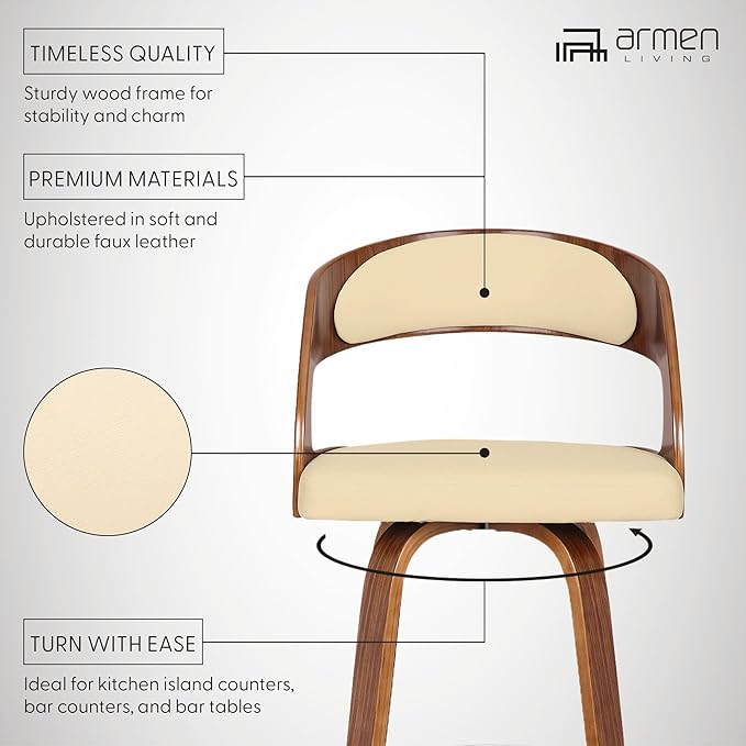 Armen Living Shelly 30" Bar Height Swivel Cream Faux Leather and Walnut Wood - Image 4