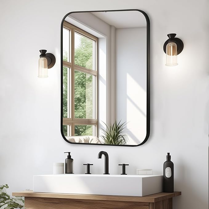 Matte Black Mirror, Metal Frame Rectangle Corner Vanity Mirror, Wall Mounted - Image 2