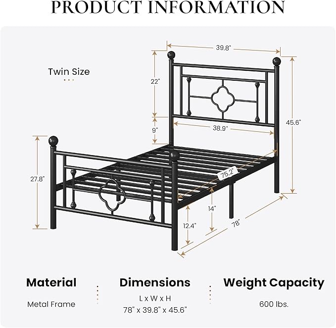 SHA CERLIN 14 Inches Twin Size Metal Platform Bed Frame/Vintage Iron-Art - Image 2