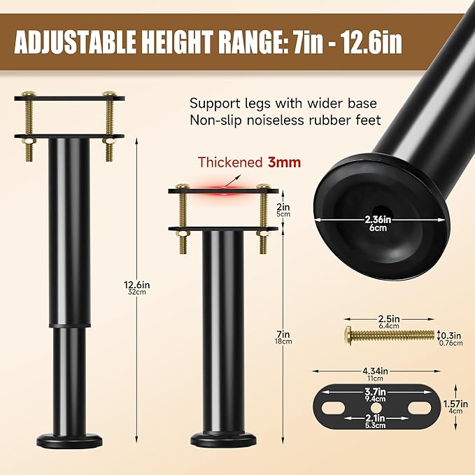 2 Pcs Adjustable Bed Frame Center Support Legs, Heavy Duty Cold Rolled Steel - Image 2