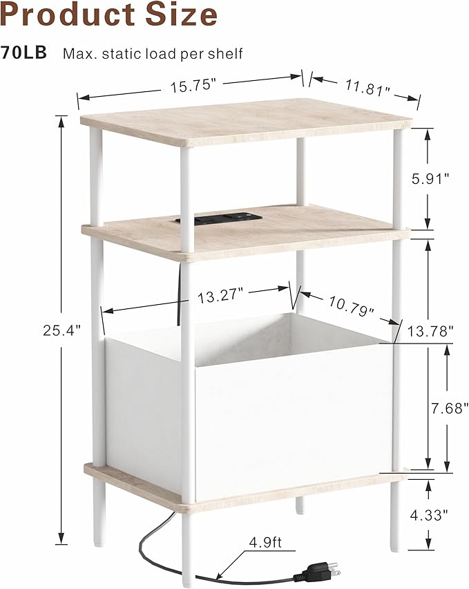 Small Side Table with Charging Station, Slim Nightstand with Outlet, Sofa - Image 3