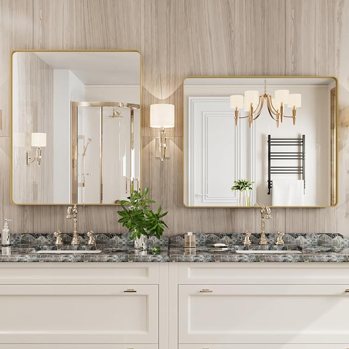 Gold Bathroom Mirror, 30x36 Inch Brushed Gold Metal Frame Mirror - Image 3