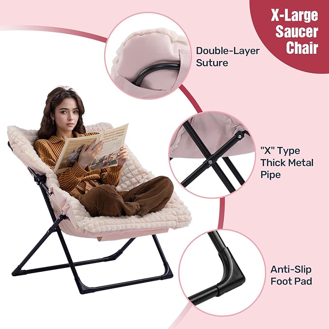HollyHOME X-Large Saucer Chair, Comfy Oversized Folding Chair, Faux-Fur Reading - Image 5