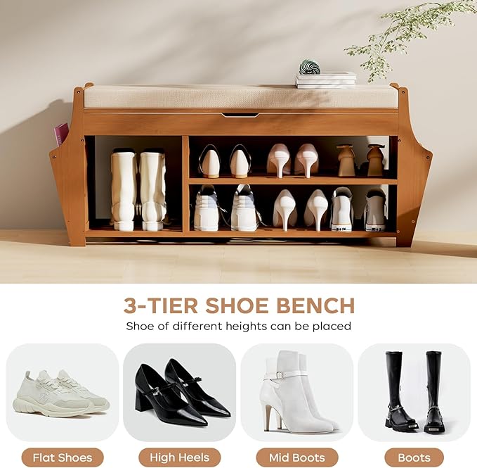39.4in Shoe Bench with 2 Side Holder, 3 Tier Bamboo Entryway Bench with Storage - Image 8