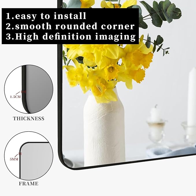Black Bathroom Mirror, Rectangle 24 x 36 Inch Vanity Wall Mirror, Modern Mirror - Image 7
