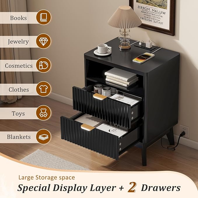 Fluted Nightstand with Charging Station, 19.7 inch Wide End Table with 2 Drawers - Image 3