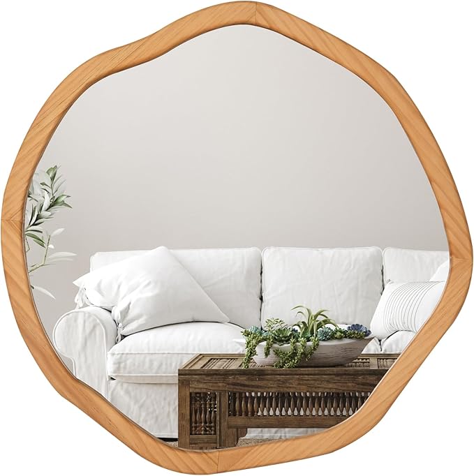 ULIKE Round Wood Mirror 24 Inch Circle Wall Mirror, Asymmetrical Bathroom - Image 8