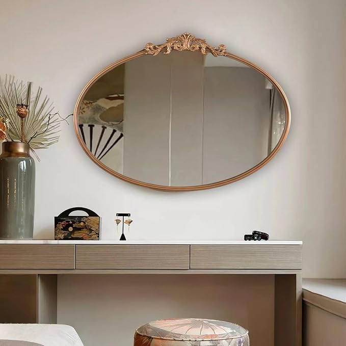 Oval Gold Mirror for Bathroom Vanity, Baroque Ornate Vintage Wall Mirror - Image 3