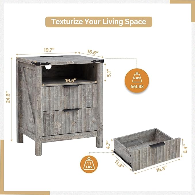 Grey Nightstand with Charging Station Set of 2-20 Inch Wide Farmhouse Fluted - Image 3
