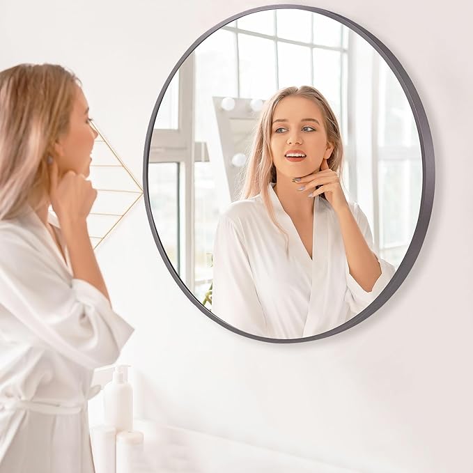 36 inch Dark Grey Circle Wall Mirror, Brushed Titanium Metal Framed Round Mirror - Image 6