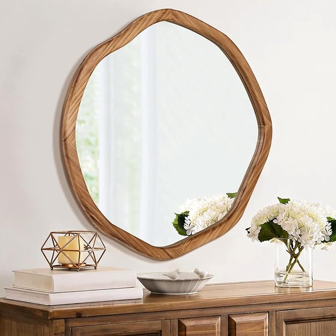 ULIKE Round Wood Mirror, 30 Inch Asymmetrical Circle Vanity Mirror - Image 4