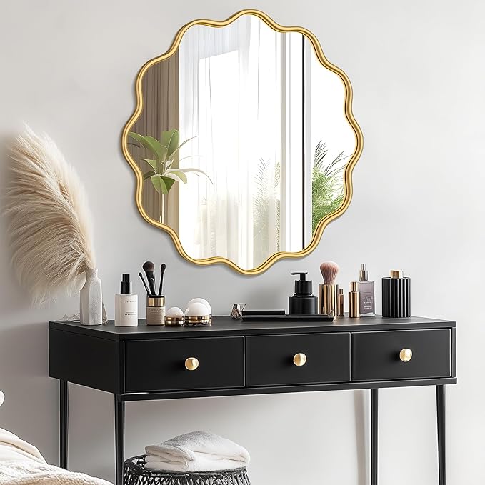 PROHOMEWARE Gold Round Mirror 32 Inch Wavy Bathroom Vanity Mirror Gold Frame - Image 7