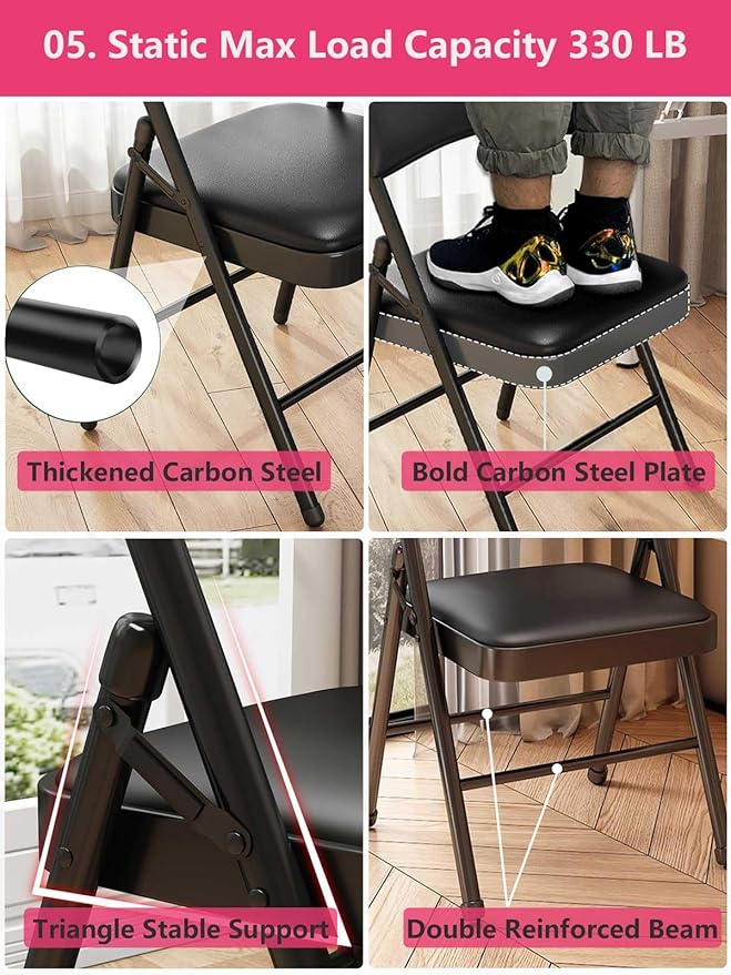 2 Pack Folding Chairs with Leather Padded Cushion and Back, Metal Black - Image 5