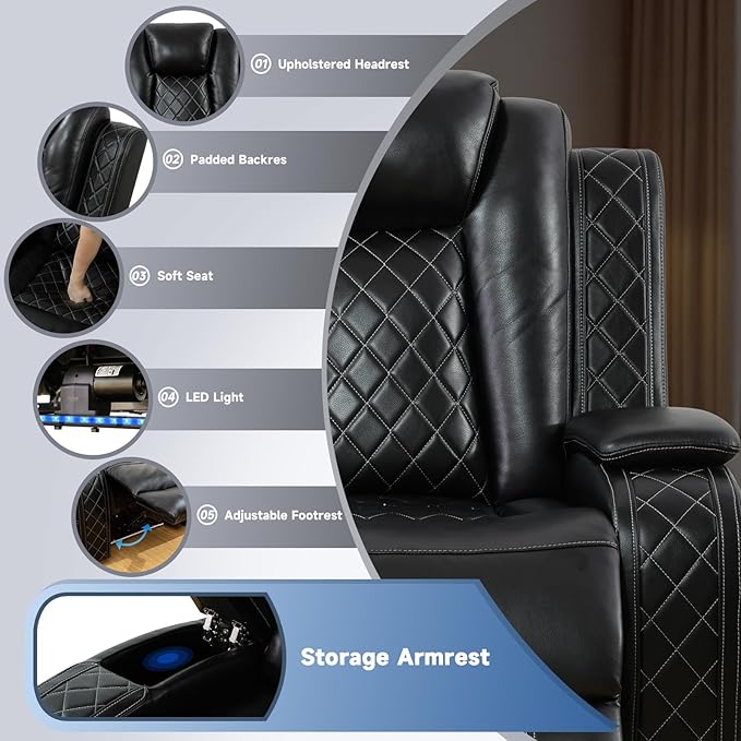 PU Leather Power Wall Hugger Chair Double Reclining Sectional Sofa 3-Seater - Image 3