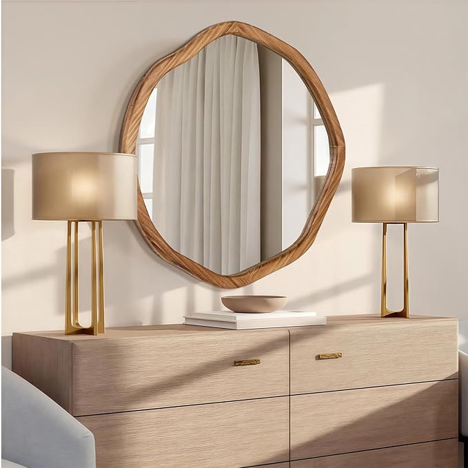 ULIKE Round Wood Mirror 24 Inch Circle Wall Mirror, Asymmetrical Bathroom - Image 2
