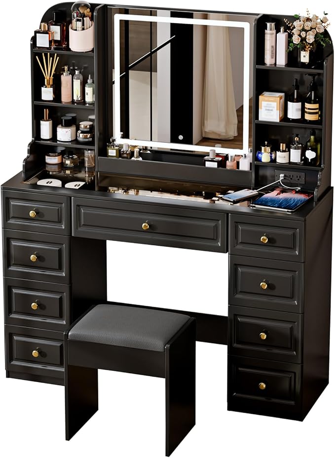 43" Makeup Vanity Desk with Mirror and Lights, & Power Outl, Glass Top Big - Image 9