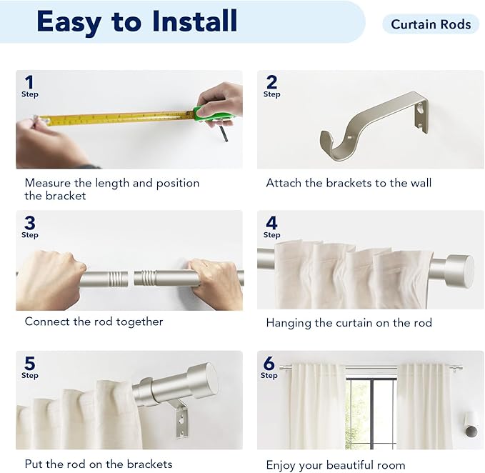 2 Pack Curtain Rods for Windows 66 to 120 Inch, 1 Inch Brushed Nickel Curtain - Image 7