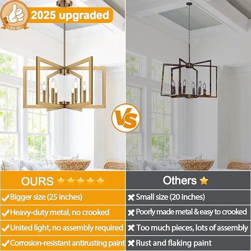 25" Modern Brass Chandelier for Dining Room, Geometric Brass Dining Room Light - Image 2