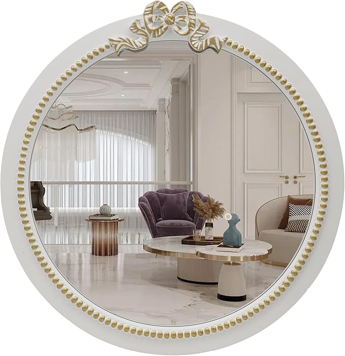 Vintage Round Wall Mirror 28inch Farmhouse Wooden Vanity Mirror by TopCity