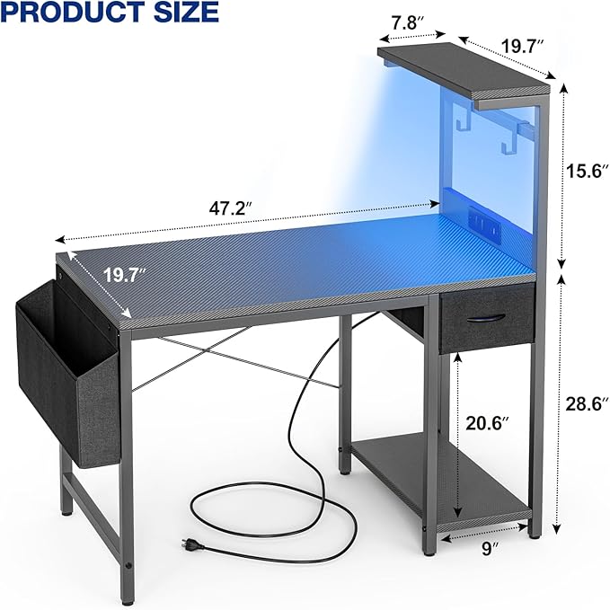 Gaming Desk 47 Inch with Power Outlet and LED Light, Computer Desk with - Image 3