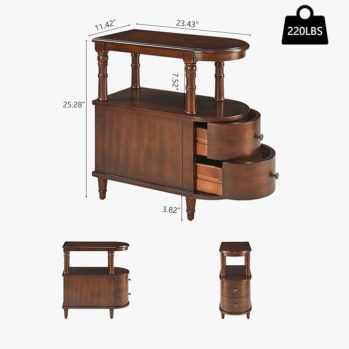 Wood End Table with 2 Drawers and Storage Shelf, Narrow Sofa Side Table - Image 2