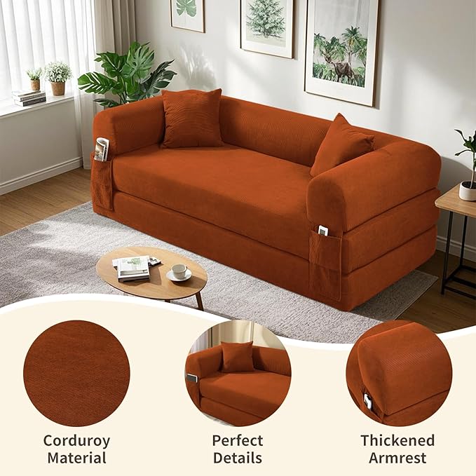 80" Convertible Sofa Bed, Corduroy Deep Seat Folding Pull Out Couch - Image 4
