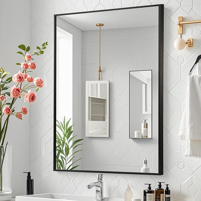 Black Bathroom Mirror, Matte Black Mirror, Metal Frame Square Corner Vanity by JENBELY